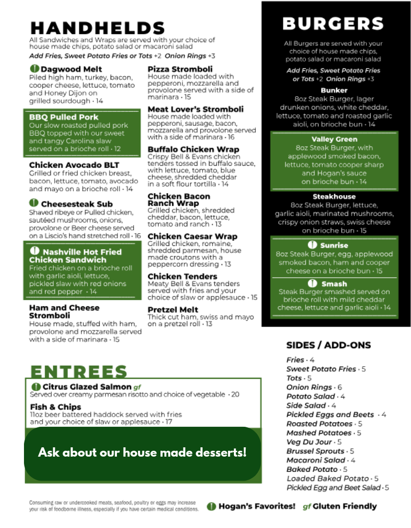 Menu page 2 — Handhelds, Burgers, Entrees, Sides