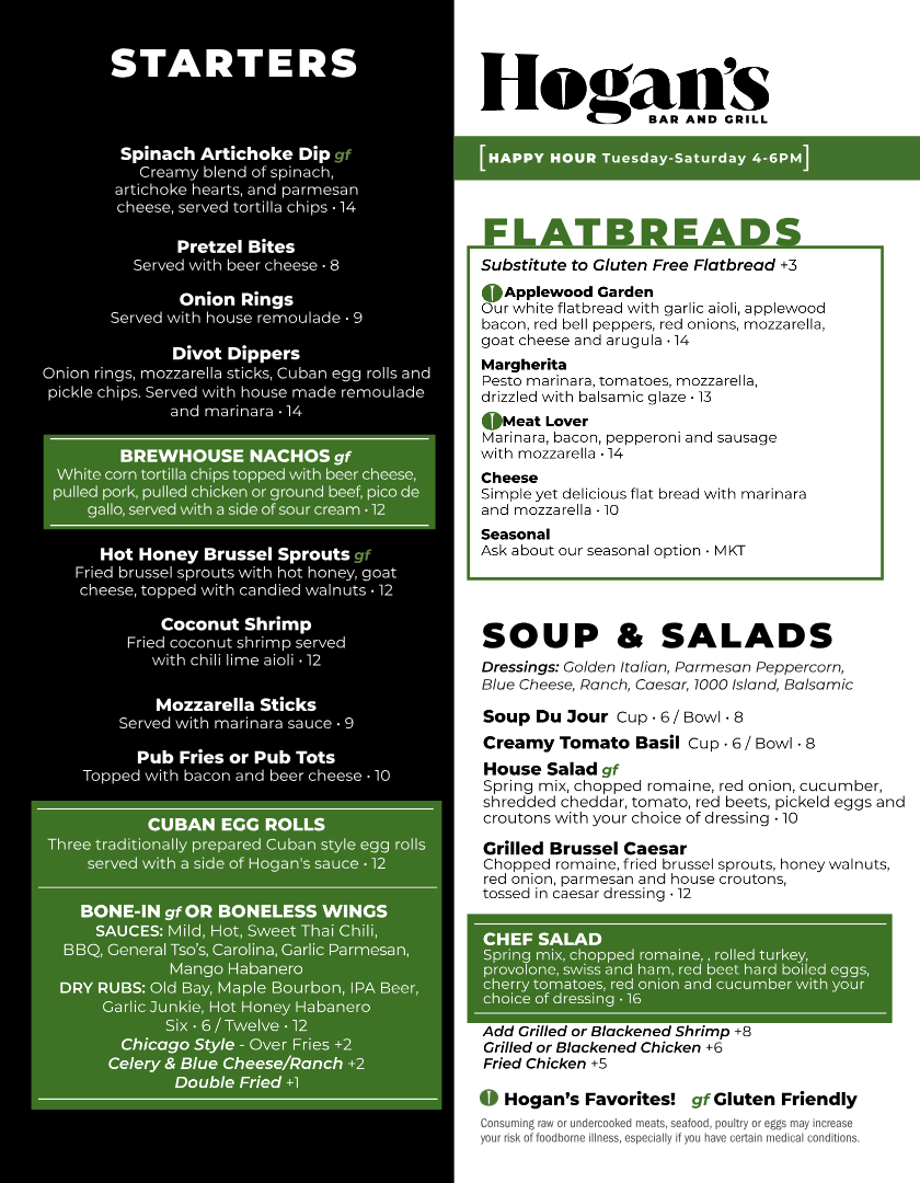 Menu page 1 — Starters, Flatbreads, Soup & Salads