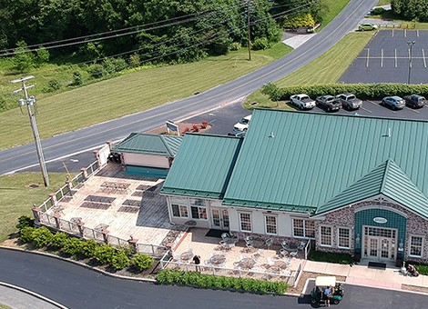 Aerial view of the Valley Green clubhouse and patio